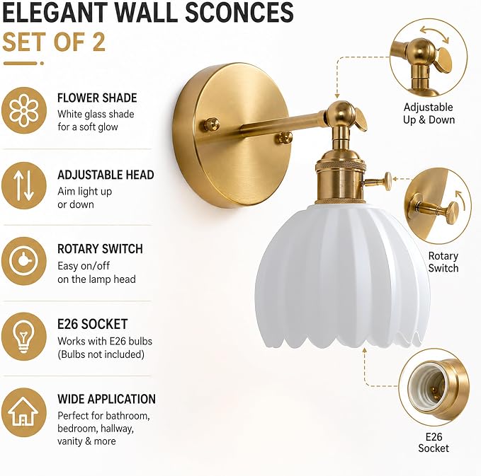 1-Light Gold Brass Bathroom Light Fixture,Wall Sconces set of 2,Brushed Gold Vanlity Light Over Mirror,Bathroom Vanity Light with White Tulip Glass Flower Shade,E26 Socket(Bulbs Not Included)