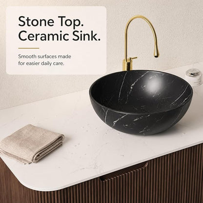 48 Inch Bathroom Vanity with Sink, Floating Wall Mounted Single Sink Vanity, Dark Walnut Curved Fluted Front, Stone Top, Black Marble Vessel Basin, Pre-Assembled