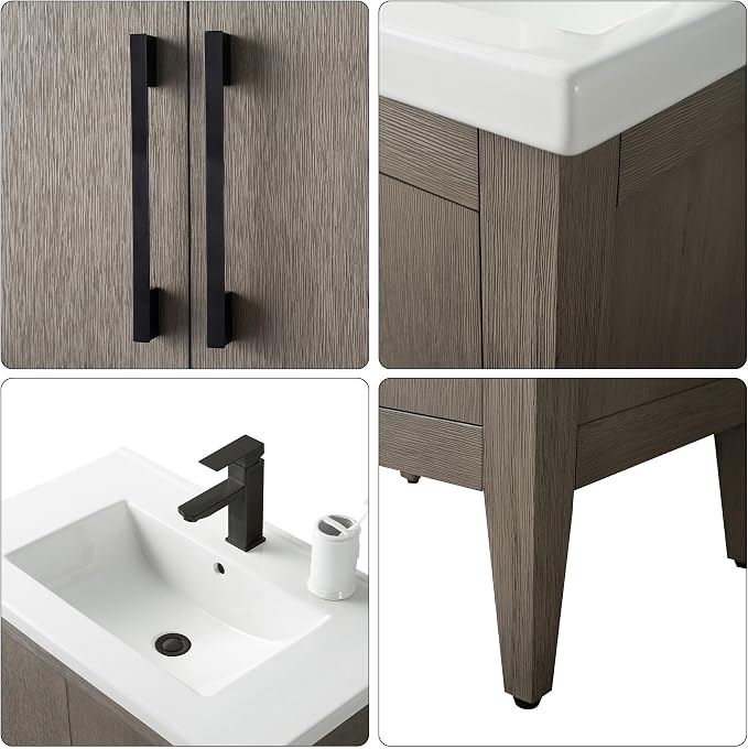30 Inch Bathroom Vanity with Sink & Ceramic Top, Single Vanity Cabinet with Basin, Soft-Closing Doors & Matte Black Hardware, Driftwood Gray