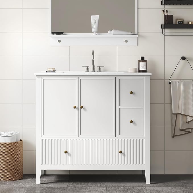 RoyalCraft 36'' Bathroom Vanity with Ceramic Sink Combo Set, Modern Wood Bathroom Cabinet with Soft Closing Doors and Fluted Drawers, Free Standing Storage Cabinet, White