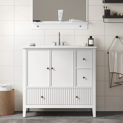 RoyalCraft 36'' Bathroom Vanity with Ceramic Sink Combo Set, Modern Wood Bathroom Cabinet with Soft Closing Doors and Fluted Drawers, Free Standing Storage Cabinet, White