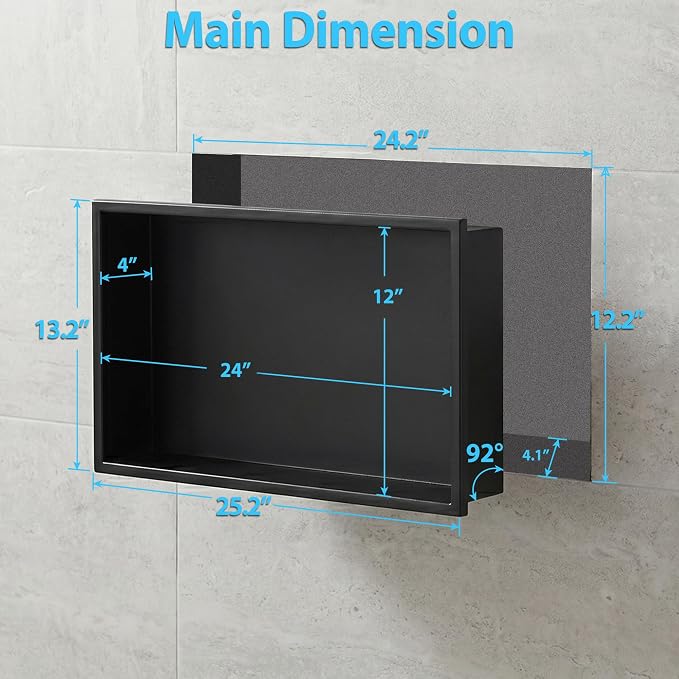 304 Stainless Steel Shower Niche 24" x 12" for Bathroom Storage | Waterproof Matte Black Recessed Shower Niche No Tile Needed