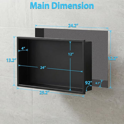 304 Stainless Steel Shower Niche 24" x 12" for Bathroom Storage | Waterproof Matte Black Recessed Shower Niche No Tile Needed