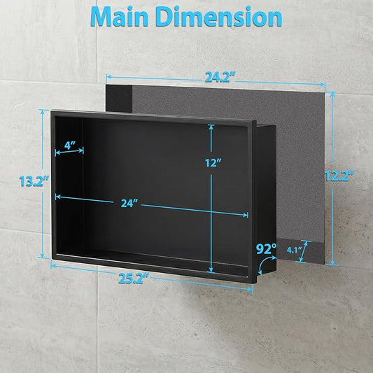 304 Stainless Steel Shower Niche 24" x 12" for Bathroom Storage | Waterproof Matte Black Recessed Shower Niche No Tile Needed