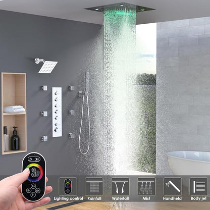 Enga Luxury Dual Shower Head System with Body Jets LED Thermostatic Shower System with 6 inch Wall Shower, 20-Inch 3 Function Shower Head (Rainfall & Mist & Waterfall), Chrome