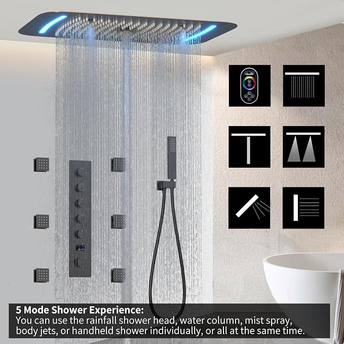 3 Functions Shower Head System Oil Rubbed Bronze Shower Faucet Set | 16X26 inch Ceiling Shower, 6 Body Jet, Handheld Shower, Temperature Display, 5 Functions Can All Run Together
