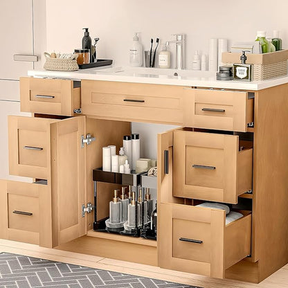 48Inch Bathroom Vanity with Sink, 6 Drawers & Soft-Close Doors, Integrated Ceramic Top, Thickened Panels & Reinforced Wooden Frame, Freestanding Bathroom Storage Cabinet(Natural Oak)