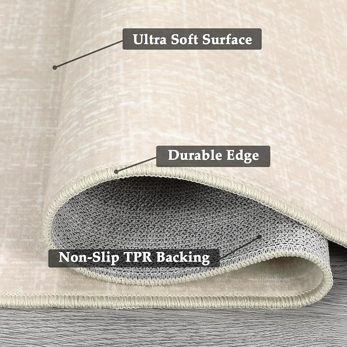 Garvee Textured Entryway Rugs 2x6 Modern Solid Washable Runner Rug, Beige | Non Slip Non Shedding Stain Resistant Neutral Low Pile Foldable Thin Rug for Kitchen Bedroom Hallway Bathroom