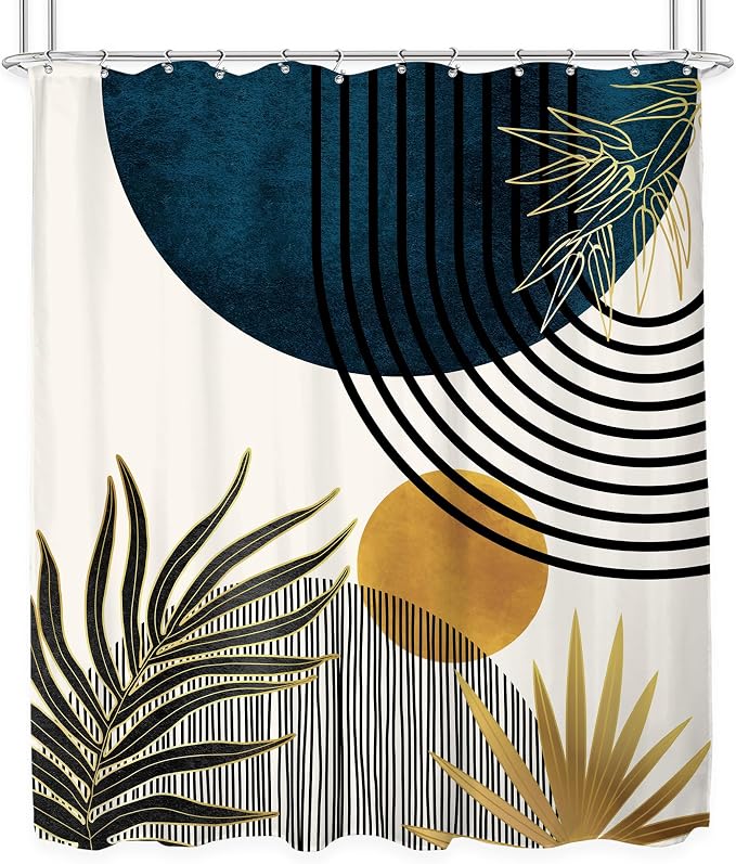 KOMLLEX Mid Century Blue Boho Abstract Modern Bathroom Shower Curtain Set | 60Wx72L Plant Botanical design, waterproof HD print with fast-drying fabric and 12 hooks.