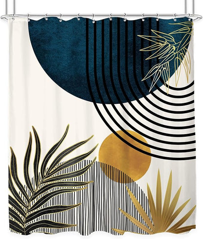 KOMLLEX Mid Century Blue Boho Abstract Modern Bathroom Shower Curtain Set | 60Wx72L Plant Botanical design, waterproof HD print with fast-drying fabric and 12 hooks.