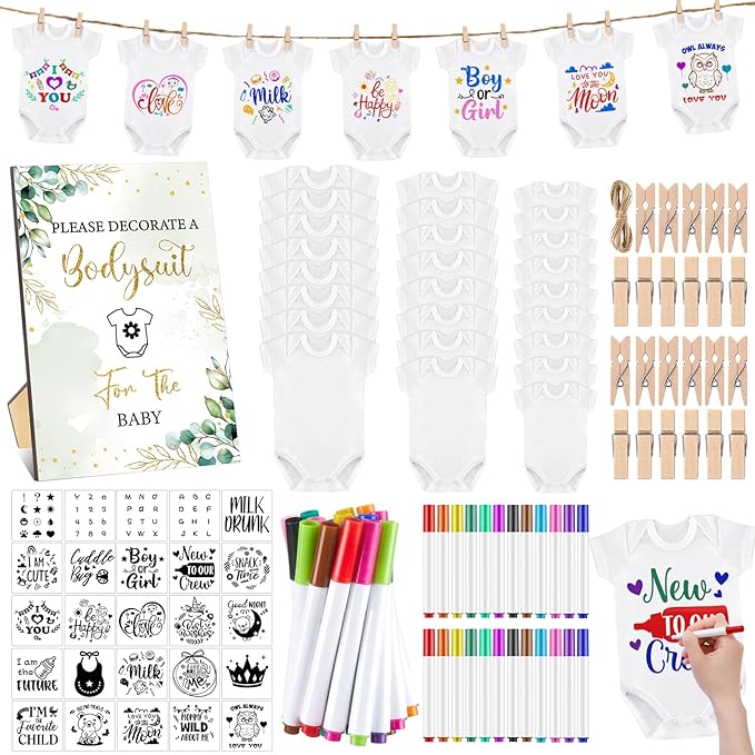 Panitay 126 Pcs Baby Shower DIY Bodysuit Set Bib 25 Blank White Newborn Bodysuit 25 Stencils 24 Marker 1 Sign 50 Pins(Greenery)
