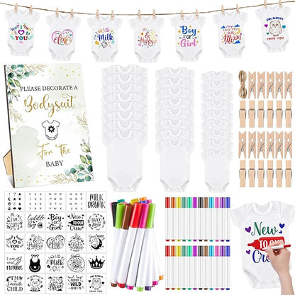 Panitay 126 Pcs Baby Shower DIY Bodysuit Set Bib 25 Blank White Newborn Bodysuit 25 Stencils 24 Marker 1 Sign 50 Pins(Greenery)