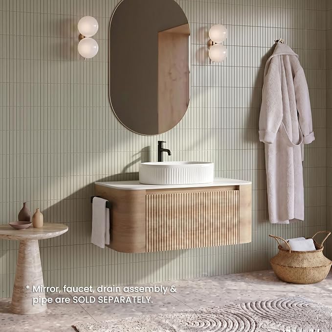 36" Preassembled Floating Bathroom Vanity with White Sink, Oak | Mid-Century Modern Style, Fluted & Soft-Close Drawer with U-shaped Wall, Sinterted Stone Countertop, Towel Rack Included
