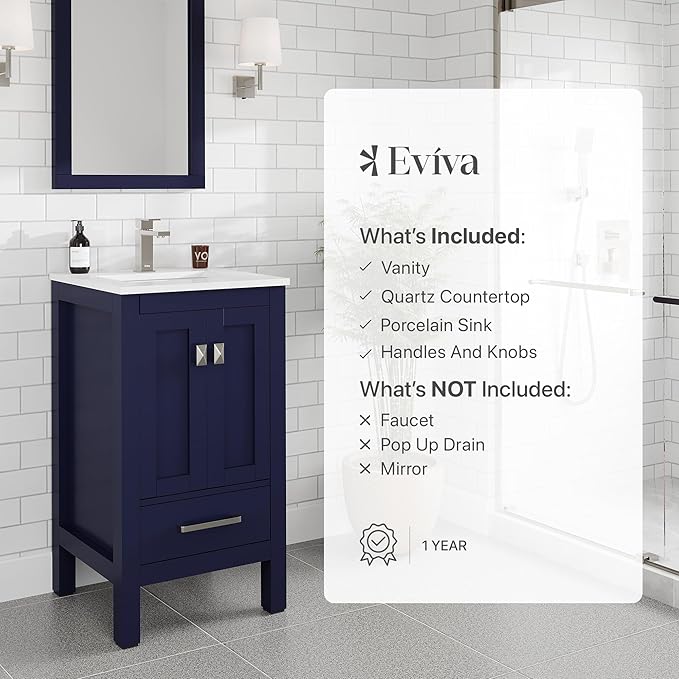 Eviva London 20 in. Blue Single Sink Bath Vanity with Carrara Quartz Top and Undermount Porcelain Sink