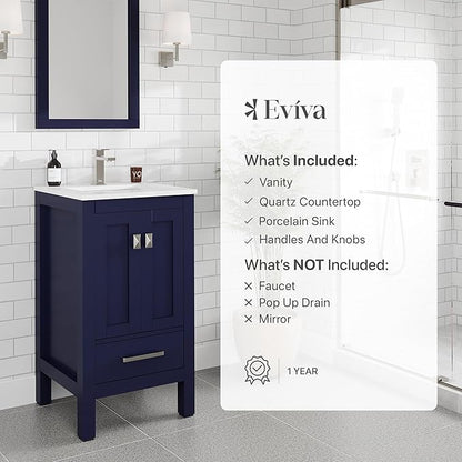 Eviva London 20 in. Blue Single Sink Bath Vanity with Carrara Quartz Top and Undermount Porcelain Sink