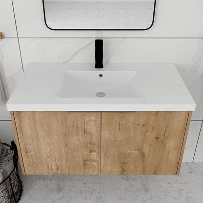 36 Inch Bathroom Vanity with Sink, Modern Wall Mount Floating Bathroom Vanity Set, Brown Vanity, Ceramic Sink and Soft Close Door