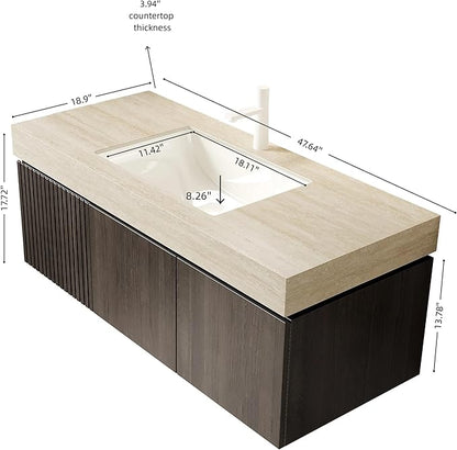 48 Inch Floating Bathroom Vanity with Sink, Wall-Mounted Bathroom Vanity with Drawer and 2 Doors, Roma Travertine-Pattern Countertop and Ceramic Basin, Pre-Assembled,Espresso