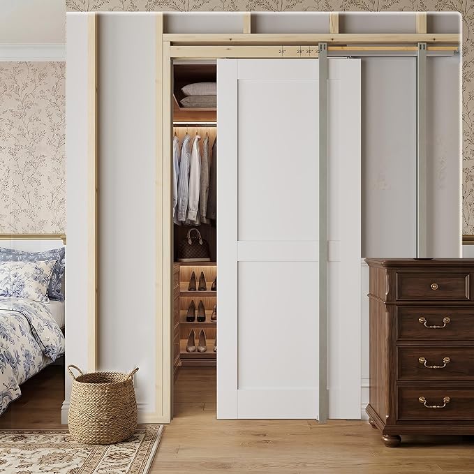 SMARTSTANDARD 32" x 80" Sliding Pocket Interior Door, Solid Core Door Slab | 2-Panel Pre-Assembled Door Slab with Soft Close Pocket Door Frame Kit, Easy Install, Durable and Smooth
