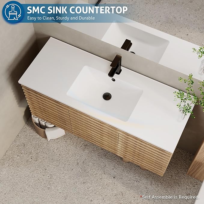 eclife 48" Floating Bathroom Vanity with Sink Combo Mid-Century Wall Mounted Cabinet with Wood Stripes Decor, Drawers, Undermount Single Sink, Faucet, Drain, Light Walnut
