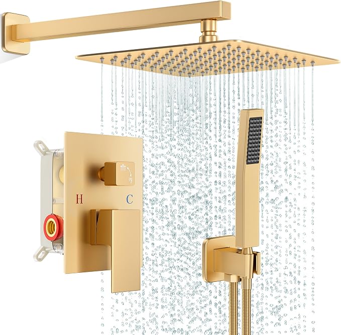 FPXRNG Shower Faucet Set Rainfall Shower System with Square Shower Head and Handle Set Rough-in Valve and Metal Trim Kit Included Paint Gold 10 Inch Wall Mounted Shower Fixtures