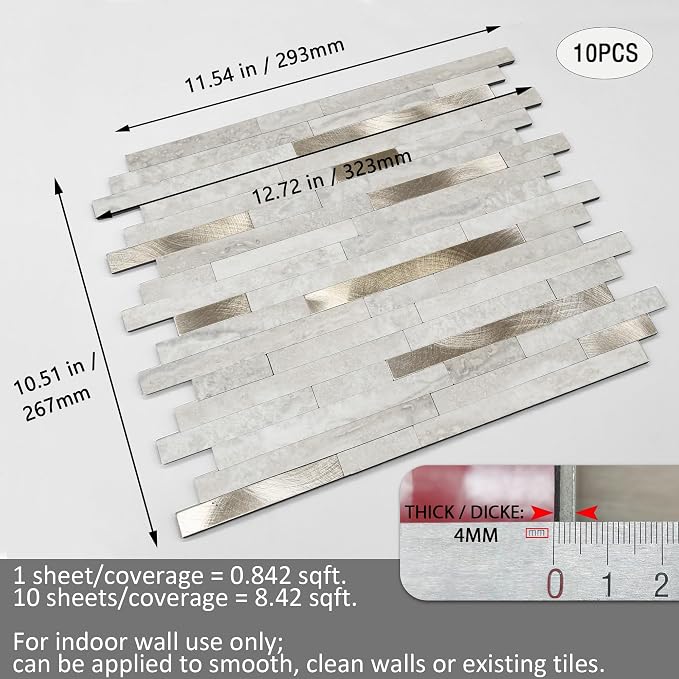 Peel and Stick Backsplash for Kitchen, Self-Adhesive Metal Gold Beige Marble Subway Tiles Decorate Kitchens Bathrooms Laundry Fireplaces, 10-Sheets