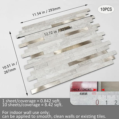 Peel and Stick Backsplash for Kitchen, Self-Adhesive Metal Gold Beige Marble Subway Tiles Decorate Kitchens Bathrooms Laundry Fireplaces, 10-Sheets