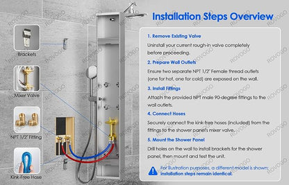 ROVOGO Shower Panel Tower System With Height Adjustable Shower Head, Black | Self-Cleaning Rain Shower and Handheld, 6 Body Jets, Brass Shower Arm and Valves, Stainless Steel Shower Column 43.3 inch