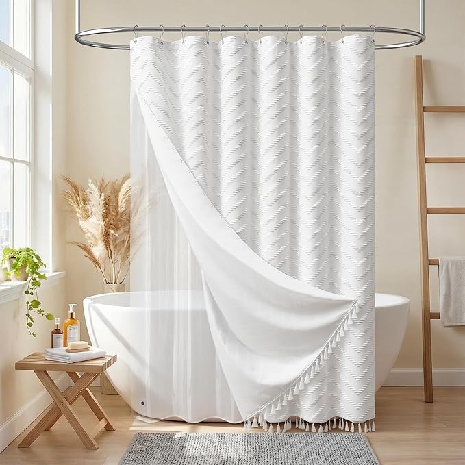 Dynamene Stall Shower Curtain and Liner Set - 54 x 78 inch Long Boho Shower Curtain and Waterproof Clear Liner, Tufted Chevron Striped Tassel Shower Curtains for Bathroom, 10 Hooks, 54x78, White