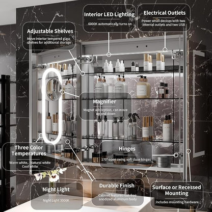 Smart LED Medicine Cabinet with Mirror, 30W×36H Inch Bathroom Storage Medicine Cabinet, 3 Color Stepless Dimming & Anti-Fog, 5X Magnifier, Night Light, 2 Doors, DTC Soft-Close Hinges