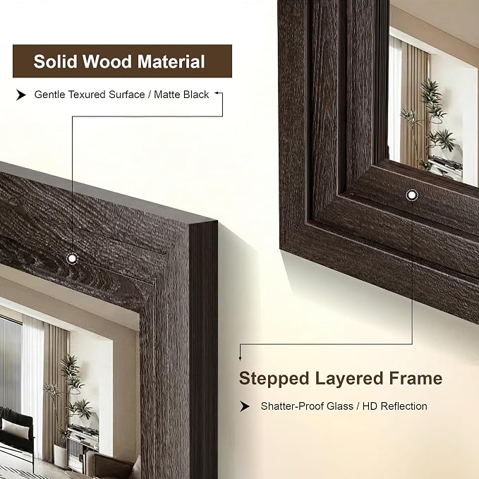 Farmhouse Rustic Wood Framed Bathroom Vanity Mirror for Wall, 20x30, Brown | Recessed Stepped Solid Wood Frame, HD Shatterproof Glass, Vertical/Horizontal Mount, for Bathroom Sink, Living Room, Entryway