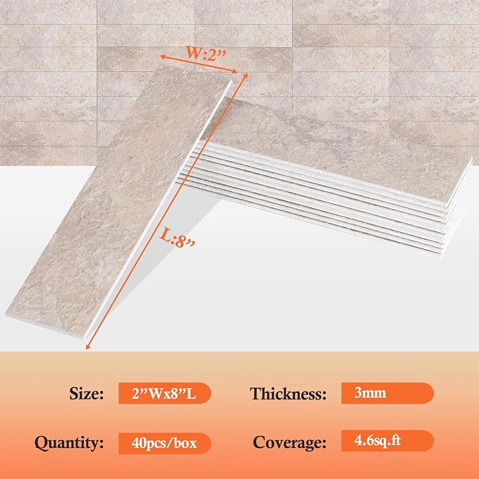 80-Piece Stone Beige Thick PVC Peel and Stick Backsplash, 2" x 8" Waterproof Subway Tile Peel and Stick Wall Tiles for Kitchen and Bathroom