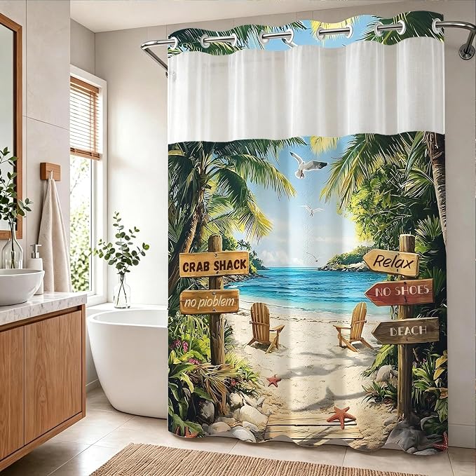 Summer Luxury Beach No Hook Shower Curtain Ocean Modern Coastal Palm Tree | Pretty Tropical No Hook Shower Curtain with Snap in Liner, Waterproof Ringless Shower Curtains for Bathroom 72x74 Inch Green