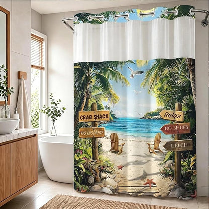 Summer Luxury Beach No Hook Shower Curtain Ocean Modern Coastal Palm Tree | Pretty Tropical No Hook Shower Curtain with Snap in Liner, Waterproof Ringless Shower Curtains for Bathroom 72x74 Inch Green