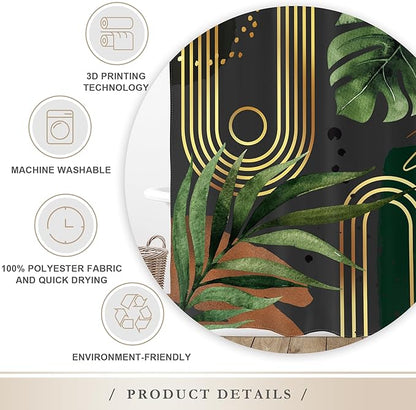 Glawry Dark Green Gold Boho Mid Century Shower Curtain Abstract Tropical Plant Minimalist Modern Geometric Palm Leaf Bathroom Simple 60Wx72L Inches Bath Accessories Art Home Decor Fabric 12 Pack Hooks