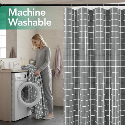 Fabric Farmhouse Shower Curtain-Modern Bathroom Shower Curtains Dark Grey | 70"Wx72"L Faux Linen Grid Minimalist Simple Rustic Neutral Guest Bathroom Decor-Cloth Geometric Plaid Washable Hotel Quality
