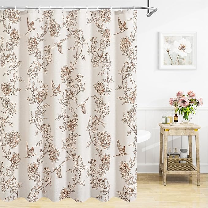 MitoVilla Brown Farmhouse Shower Curtain Set, Cotton Floral Hummingbird Cottagecore Spring Shower Curtains for Bathroom, Modern Country Bathroom Décor, 72" W x 72" L