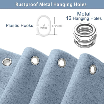 Scalloped Shower Curtain Linen Boho Flax Blue Grey 72" W x 72" L | Linen Fabric, Black Border, Washable, Heavy Duty Cloth, Shower Curtain for Boho Farmhouse Bathroom Bathtub