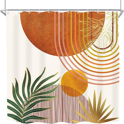 Mid Century Orange Boho Abstract Modern S Bathroom Shower Curtain Set | 72Wx72L Plant Botanical design, waterproof HD print with fast-drying fabric and 12 hooks.