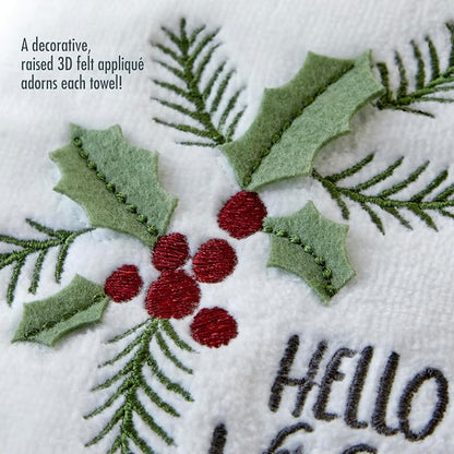 SKL Home Hello Winter Holly Hand Towel Set-2pc, 100% Cotton, White | Soft, embroidered velour with 3D applique. Great for the bathroom, kitchen or bar & holiday gifting.