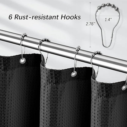 Black Stall Fabric Shower Curtain - Water Repellent Waffle Textured 256GSM Heavy Duty Cloth Shower Curtains for Bath Tubs, Narrow Size Hotel Quality with 6 Hooks, 36Wx72H