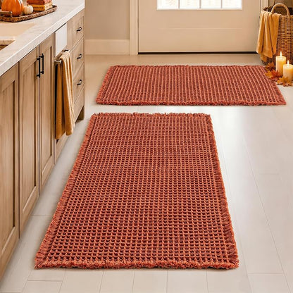 MIULEE Fall Orange Set of 2 Waffle Bathroom Rugs Boho Bath Mat 18x30 Inch | Non Slip, Super Absorbent, Washable, Ultra Soft, Rubber Backed Bath Rugs for Bathroom Floor Tub Shower