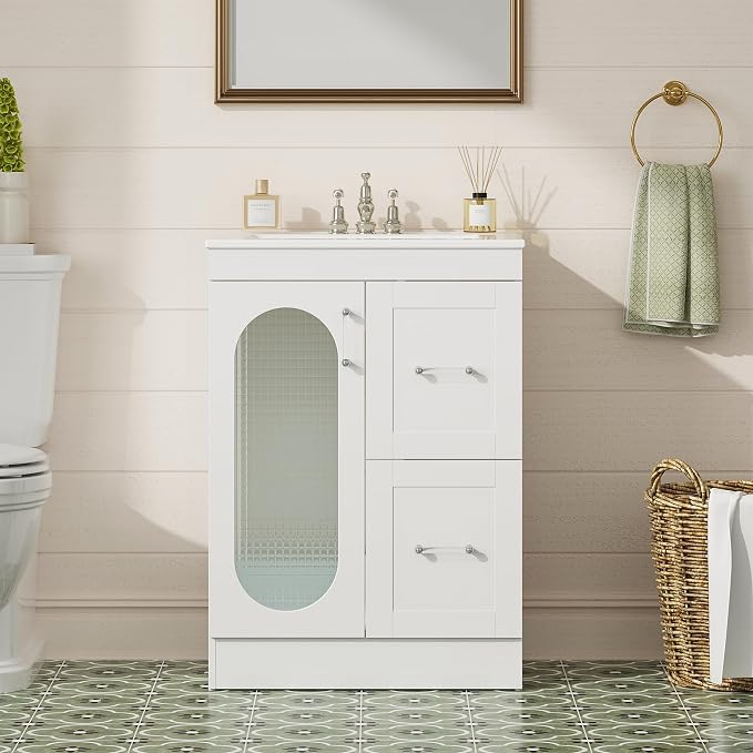 Sweetcrispy 24 Inch Bathroom Vanity with Sink, Bathroom Storage Cabinet | Modern Ceramic Basin Undermount 1-Door 2-Drawer Freestanding Combo Set, Ivory