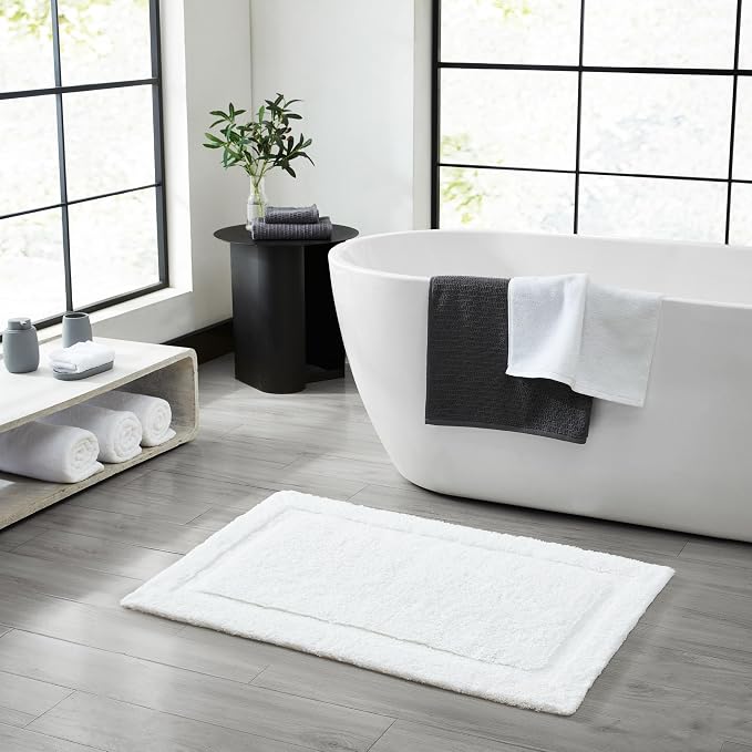 Jean Pierre New York Lydia Border 100% Cotton Bath Mat 2-Piece Set - Non-Slip Bath Rug - White - 17"x24" & 20" x 32"