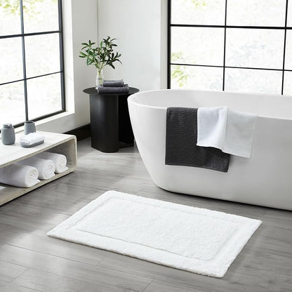 Jean Pierre New York Lydia Border 100% Cotton Bath Mat 2-Piece Set - Non-Slip Bath Rug - White - 17"x24" & 20" x 32"