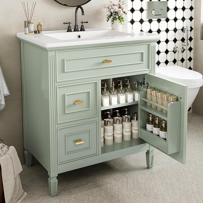 30" Bathroom Vanity with Ceramic Sink, Undermount Single Basin Bath Vanity Set w/1 Flip-Up & 2 Drawers,Modern Freestanding Storage Cabinet w/Adjustable Shelf,Solid Wood Frame,Green