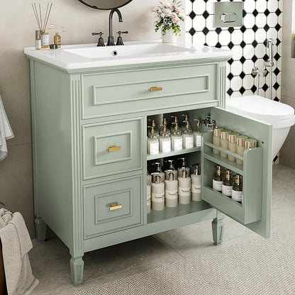 30" Bathroom Vanity with Ceramic Sink, Undermount Single Basin Bath Vanity Set w/1 Flip-Up & 2 Drawers,Modern Freestanding Storage Cabinet w/Adjustable Shelf,Solid Wood Frame,Green