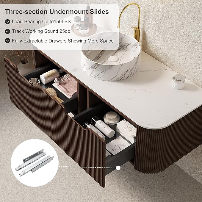 48" Floating Bathroom Vanity with Sink, Wall-Mount Cabinet 2 Large Storage Drawer, White Ceramic Basins with Stone Pattern and Marble Top, Soft-Close Design, Dark Walnut