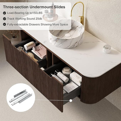 48" Floating Bathroom Vanity with Sink, Wall-Mount Cabinet 2 Large Storage Drawer, White Ceramic Basins with Stone Pattern and Marble Top, Soft-Close Design, Dark Walnut