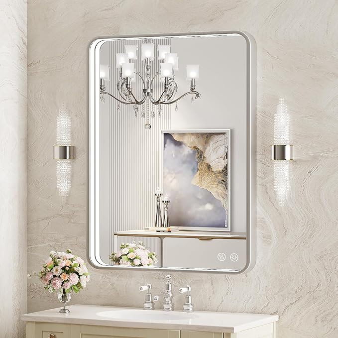 28x36 Inch LED Sliver Frame Bathroom Mirror,ETL Listed | Anti-Fog,3 Color 3000K/4500K/6000K Dimmable,Horizontal & Vertical,Wall Mounted,Memory Function,Ideal for Bathroom,Vanity