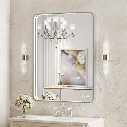 28x36 Inch LED Sliver Frame Bathroom Mirror,ETL Listed | Anti-Fog,3 Color 3000K/4500K/6000K Dimmable,Horizontal & Vertical,Wall Mounted,Memory Function,Ideal for Bathroom,Vanity